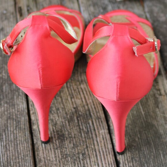 Adrianna Papell Coral & Gold Satin, Leather & Glitter Peep Toe Ankle Strap Heels - Picture 6 of 10